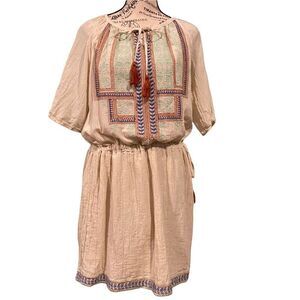 Solito Boho Tie Waist Mini Dress with Front Embroidered Detail in Size XS